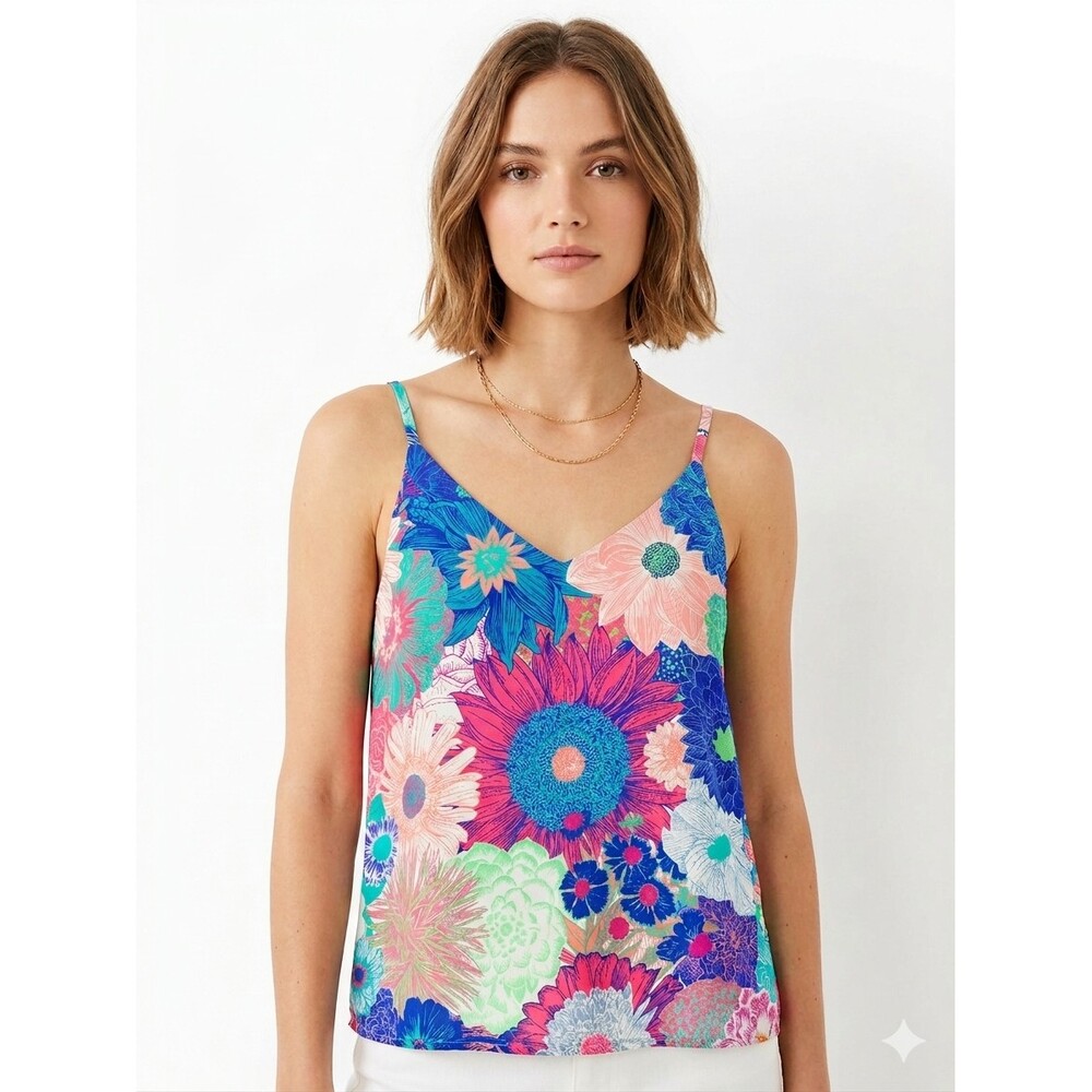 Vilagallo Floral Tank Top Size 36 US XS Made in Spain Viscose Breezy Coral Blue